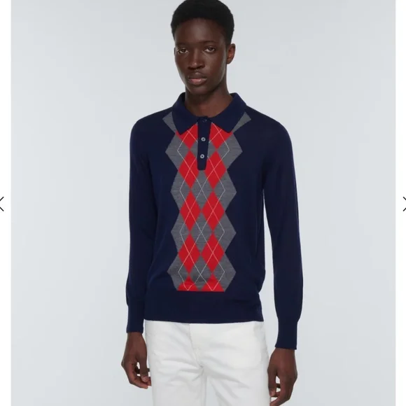 Ami Alexandre Mattiussi Navy Blue Grey Red Men’s Argyle Wool Sweater NWT Size L